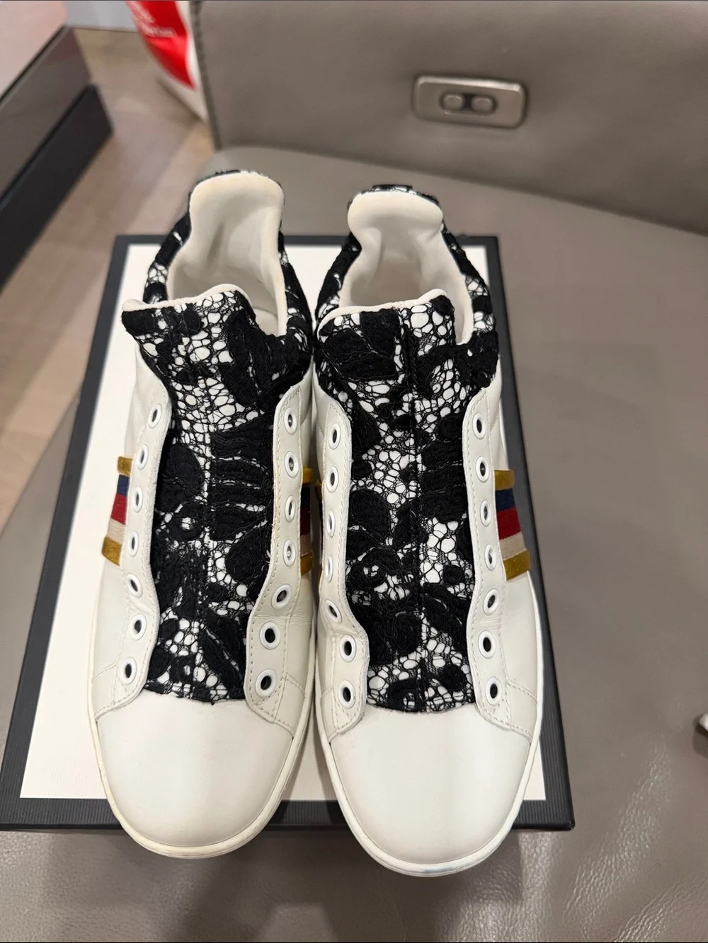 Gucci White Sneakers with Red, Blue & Gold Stripes and Black Lace Collar